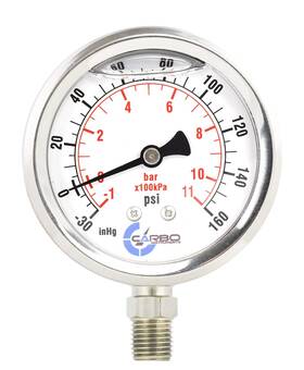L15-ssl-v160 Carbo Instruments 1-1/2 Inch Pressure Gauge Stainless Steel Case Chrome Plated Brass Connection